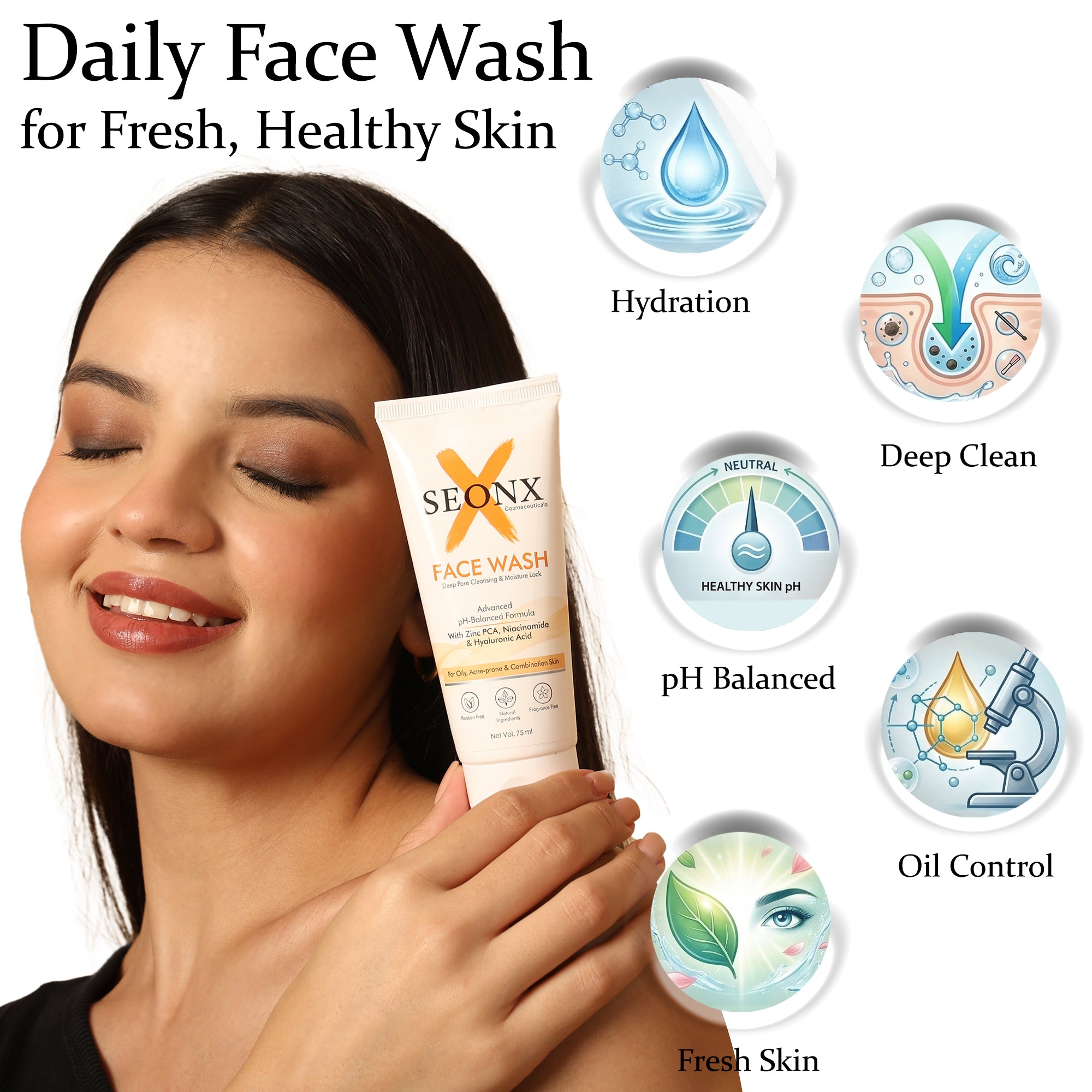 Face Wash 75ml | pH Balanced Facial Cleanser with Zinc PCA, Niacinamide & Hyaluronic Acid | Deep Cleansing Face Wash for Oily, Acne-Prone & Combination Skin